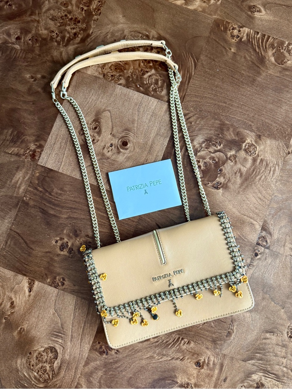 Patrizia Pepe Khaki Leather Bag with Chain Trim & Charms